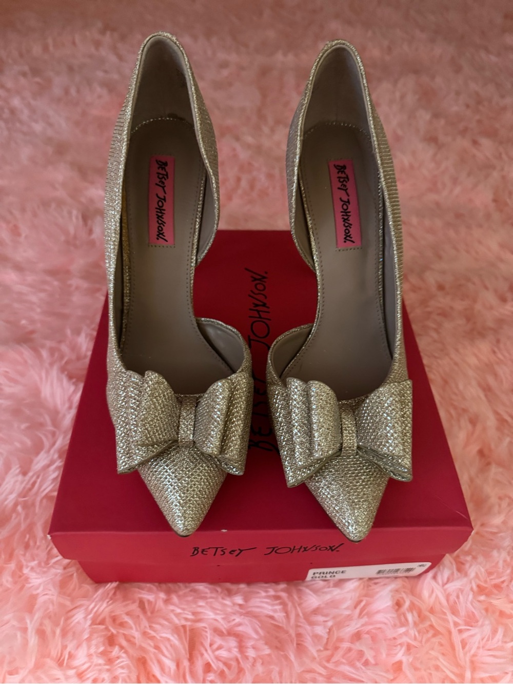Betsey Johnson Gold Glitter Pointed Toe Pumps with Bow